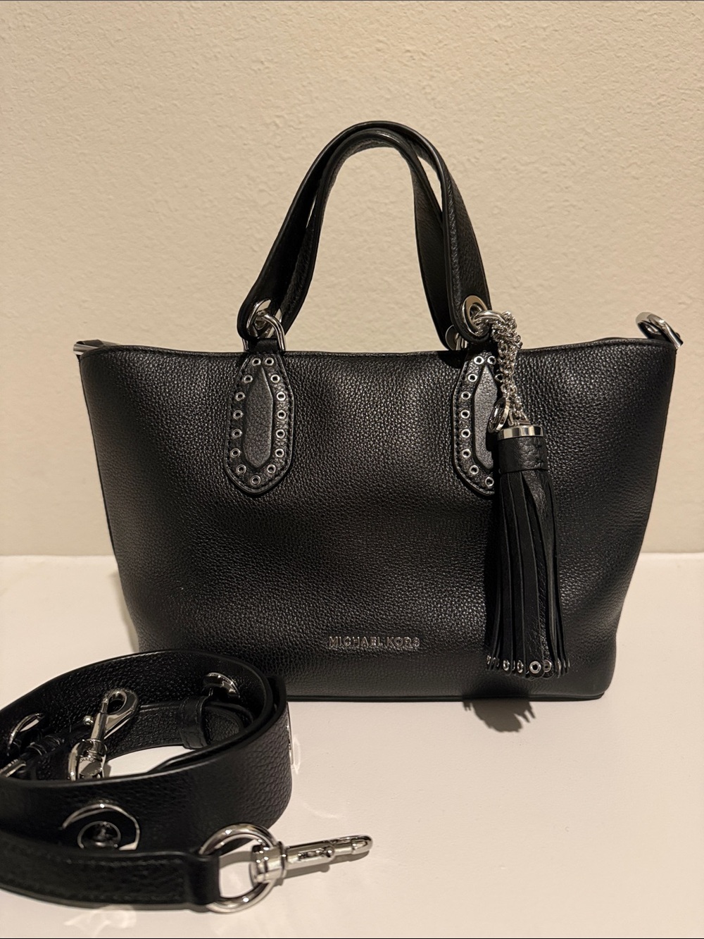Michael Kors Black Leather Shoulder Bag with Silver Hardware